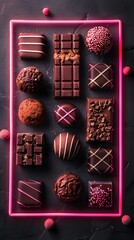 A variety of elegant gourmet chocolates arranged on a dark background with a pink neon frame, showcasing a selection of truffles and bars.