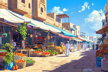 Fototapeta premium an illustration of bazaar market in afternoon
