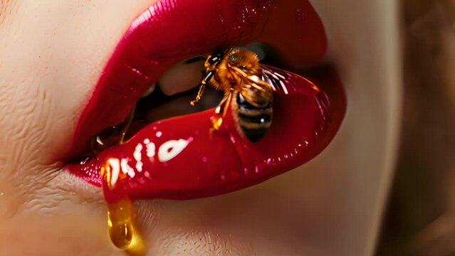 There is a bee on the lip. Lips covered in shiny red lipstick honey flowing down