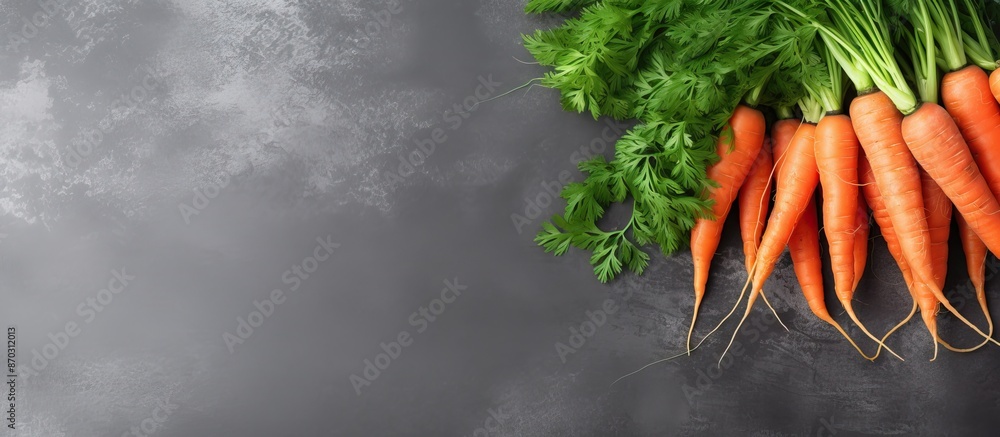 Fototapete top view of fresh carrots on a gray stone background with copy space image available, ideal for text