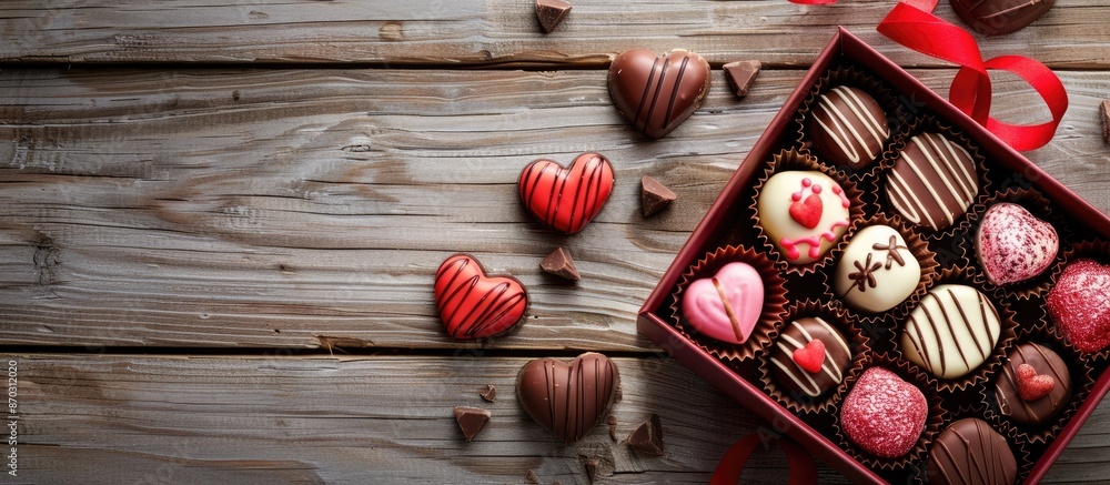 Poster Valentine's Day-themed box of chocolates displayed on a wooden surface with a blank space for an image. with copy space image. Place for adding text or design