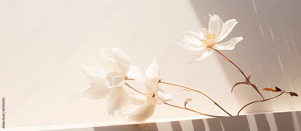 Fototapete white flower on a white backdrop casting a shadow to the right with copy space image.