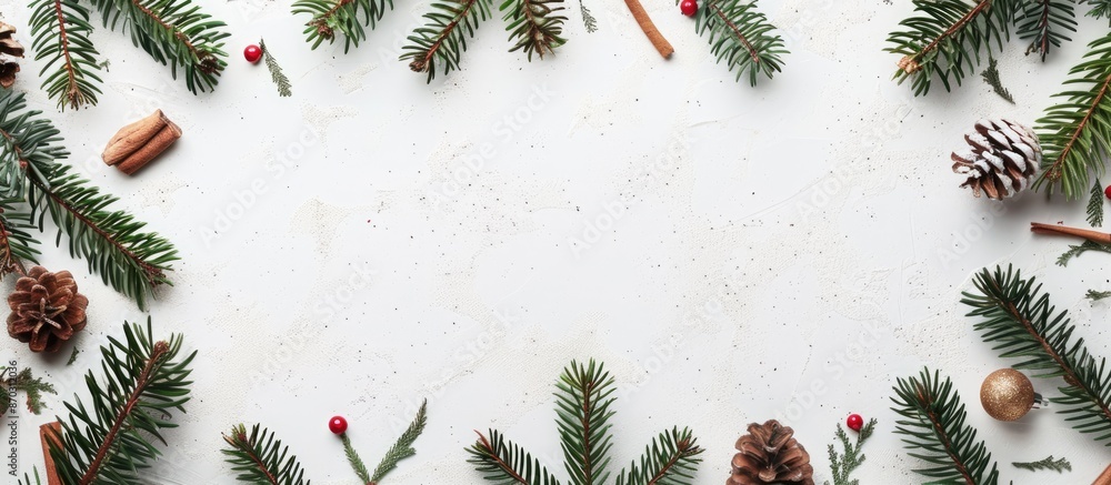 Aufkleber Christmas greeting surrounded by a frame of fir branches on a white background with available space for your text. with copy space image. Place for adding text or design