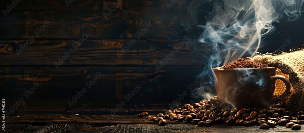 Poster A cup of coffee and burlap sack of beans with smoke on wooden background, with space for text. with copy space image. Place for adding text or design