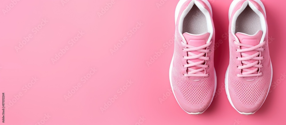 Poster top view of fitness gear like sports shoes on a pink backdrop with room for text or images, perfect 
