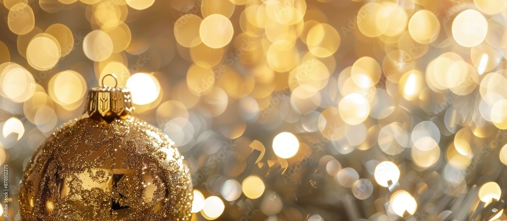 Poster Christmas decorations featuring a gold ball against a blurred bokeh light background with copy space image available.