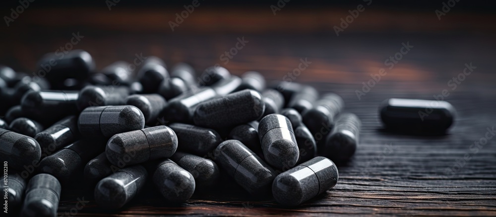 Poster powerful activated charcoal pills displayed on a dark table with ample space for text alongside in t