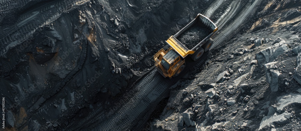 Poster Panoramic view of coal mine. Open pit mine industry, big yellow mining truck for coal quarry. Open coal mining anthracite mining. Pit on coal mining by open way. Rock loading in trucks. Large truck