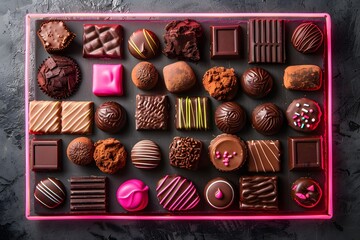 Assortment of gourmet chocolates in a vibrant, colorful box, featuring a variety of shapes, textures, and flavors on a dark background.
