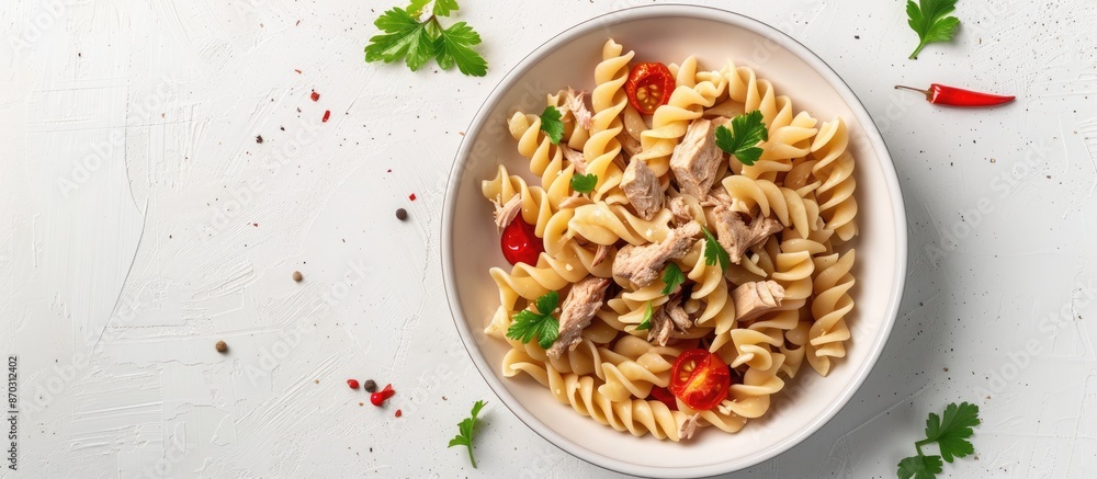Poster bowl of whole wheat pasta with dried tomatoes and tuna. top view on white background with copy space