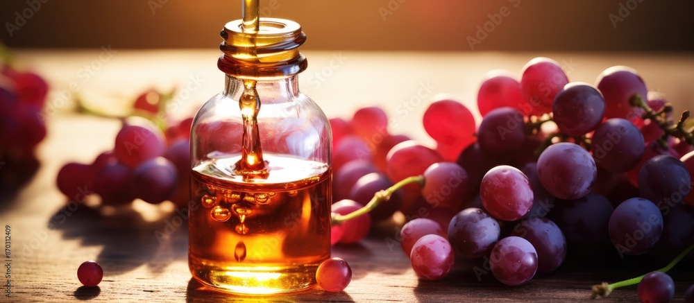 Poster Close-up image of dripping grape seed oil from a dropper into a bottle on a table, with room for text. Organic skincare product. with copy space image. Place for adding text or design