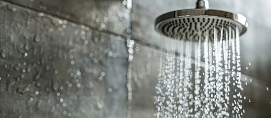 Close up of rain shower vintage tap in grey and white bathroom. with copy space image. Place for adding text or design