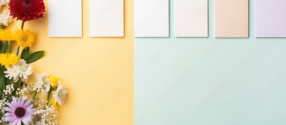 Poster Yellow pastel background with copy space image displaying an empty frame, office supplies, and a flower in a flat lay arrangement.