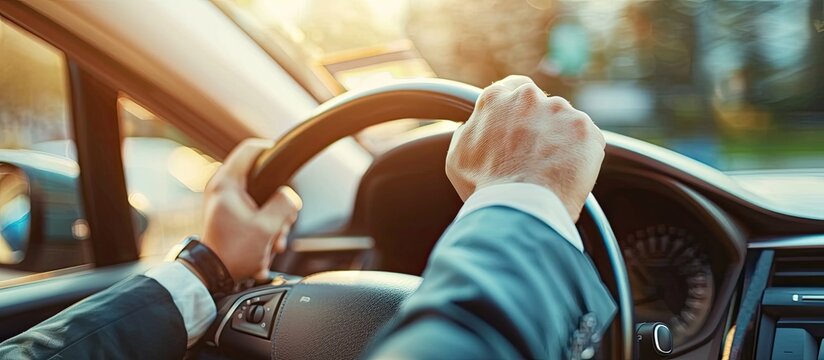 Transportation,Businessman driving back home after exhausting day at work,Hands of a driver on steering wheel of a car ,Car driving with both hands on the wheel,selective focus,vintage color