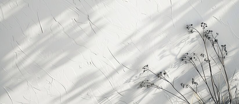 Abstract nature concept background on a white wall, featuring gray flower shadows and delicate grass, with copy space image available.