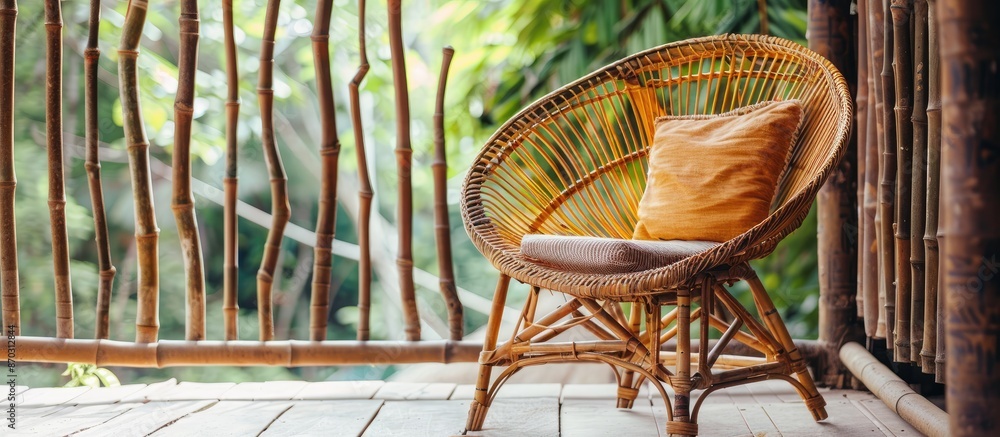 Poster beautiful wicker chair on a cozy balcony on the balcony of a wooden house with bamboo roof. with cop