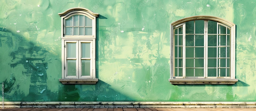 Poster vintage windows on the green wall, background concept. with copy space image. Place for adding text or design