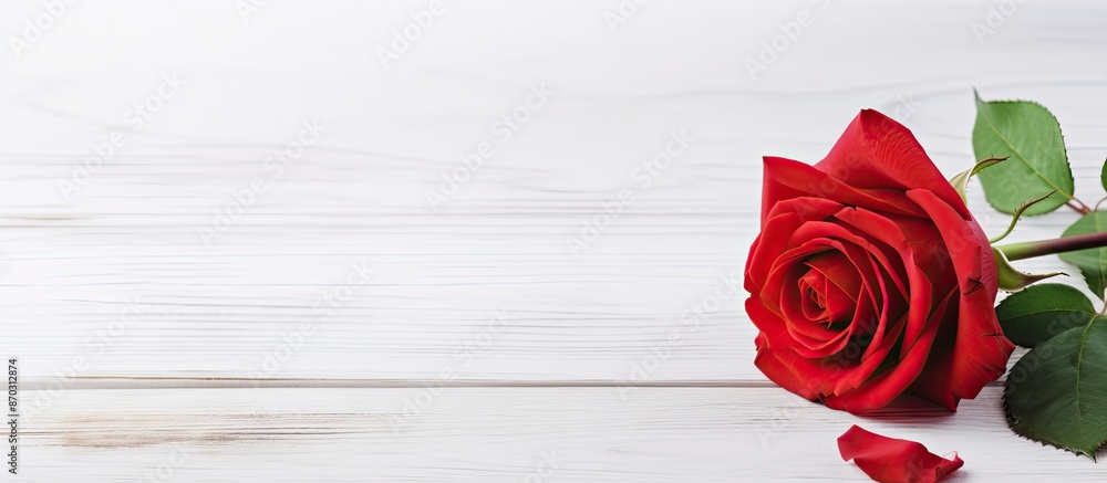 Aufkleber red rose displayed on a white wooden surface with copy space image.