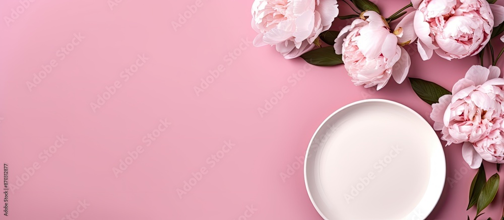 Aufkleber Top view of white peonies and a plate on a pink background in a flatlay composition with copy space image.