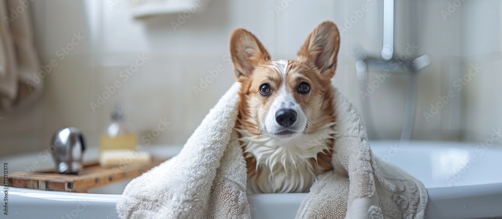 Poster corgi dog with towel after wash in the bathroom. copy space image. place for adding text or design