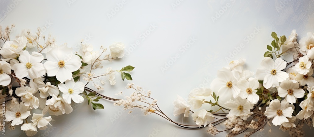 Poster a creative design featuring white flowers and plants against a blank background for writing purposes