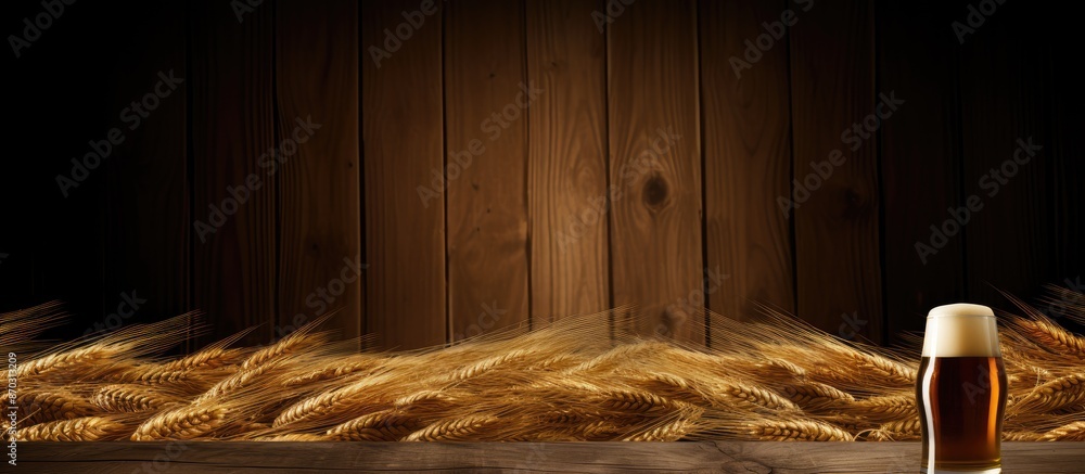 Poster man cave frame with wooden brown background featuring beer bottle and wheat elements, including copy