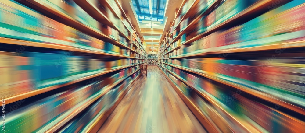 Poster Blurred motion aisle of bookshelf with reading area wooden table chair at public library. Continuing education concept in America. with copy space image. Place for adding text or design