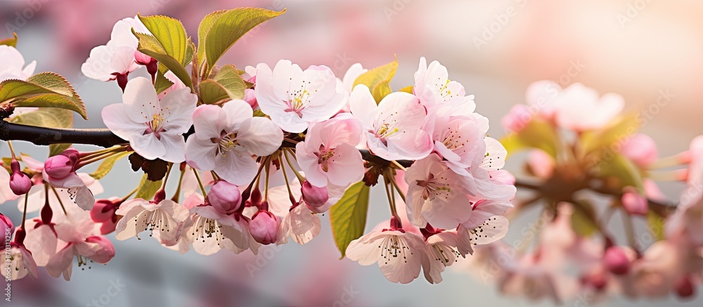 Poster close-up view of blossoming apple tree flowers against a blurred backdrop, with room for copy space 
