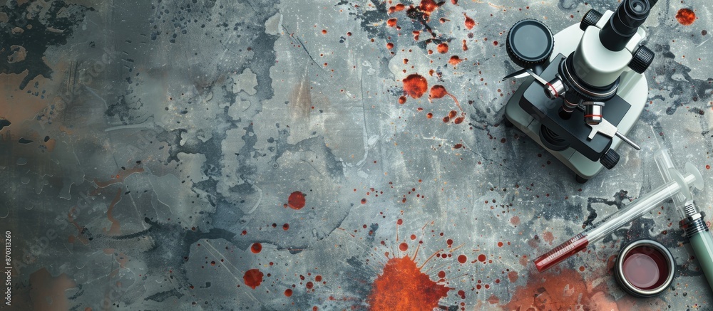 Poster top view of a grey table with a blood sample under a microscope for medical research, featuring copy