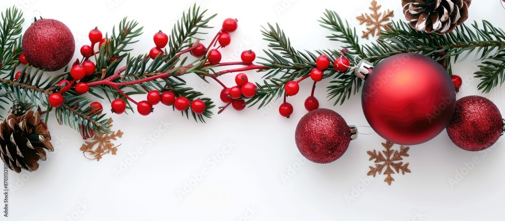 Aufkleber christmas decoration with branch of christmas tree, red berries, cones pine and christmas ball with 