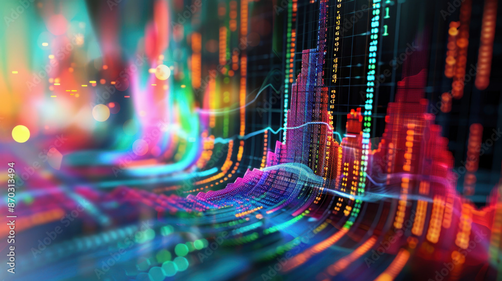 Poster colorful abstract financial data analysis concept with digital graphs and charts