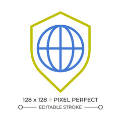 Global security two color line icon. Worldwide cybersecurity. International safety service. World protection bicolor outline symbol. Duotone linear pictogram. Isolated illustration. Editable stroke