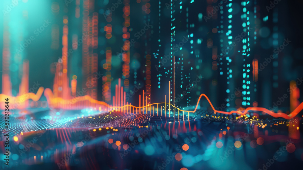 Poster abstract financial data visualization with colorful neon lines and graphs in futuristic technology b