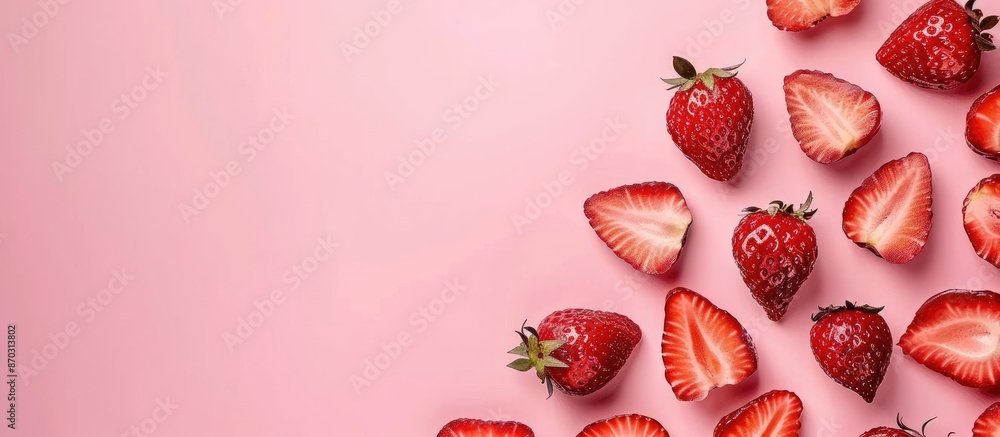 Aufkleber an arrangement of red strawberry slices laid out neatly on a pink background with an empty space for