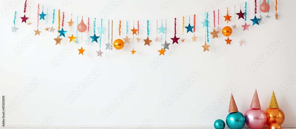 Poster Party decorations displayed with empty space for text or images on white background. with copy space image. Place for adding text or design