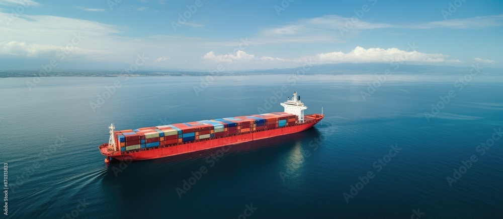Poster Container cargo ship sailing on the ocean, viewed from above with available copy space image.