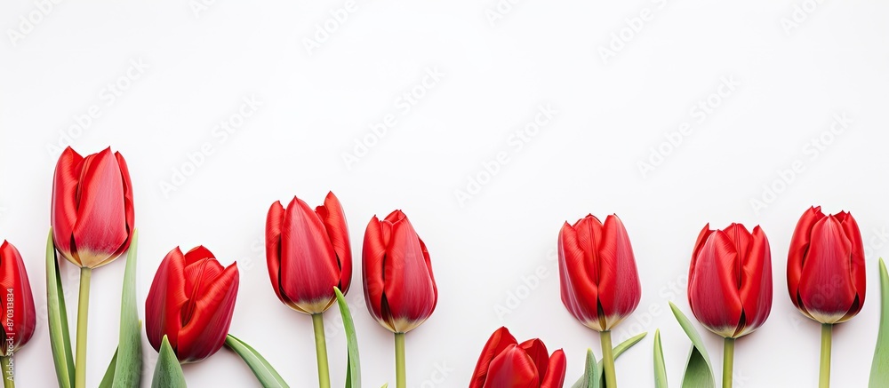 Aufkleber top view of lovely red tulips against a white backdrop, providing ample space for adding text or oth