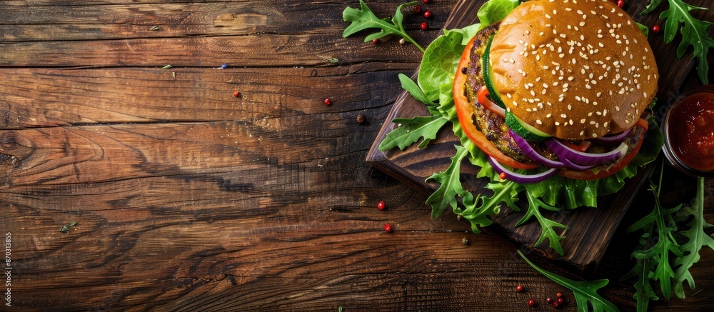 Poster Rustic wooden backdrop with a vegan zucchini burger, showcasing its ingredients, and available space for more images. with copy space image. Place for adding text or design