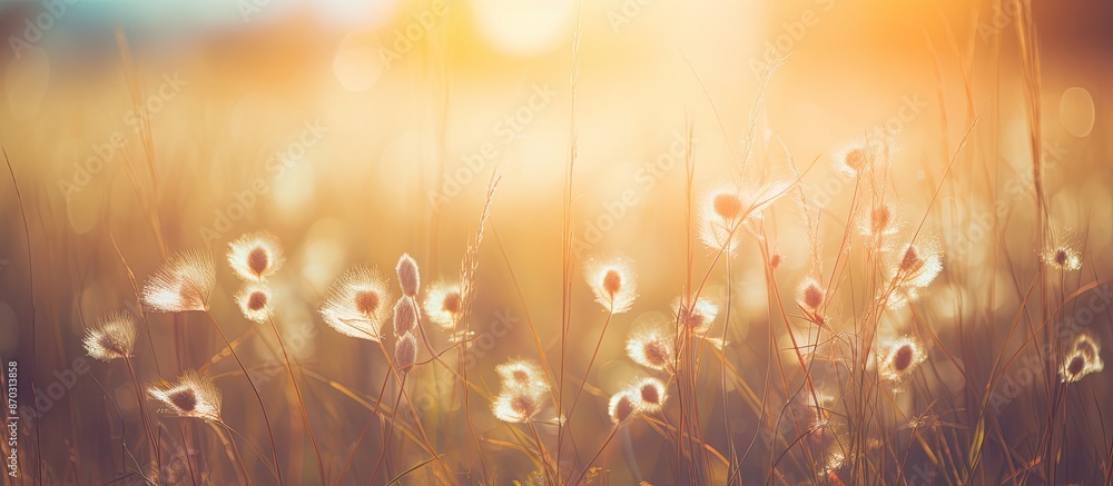 Poster vintage photo of a nature wild meadow with soft sunshine creating a morning sunlight background, ide