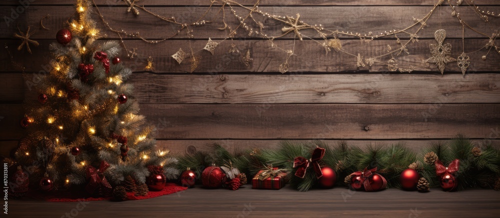 Aufkleber festive fir tree embellished with ornaments on a rustic wooden backdrop with copy space image
