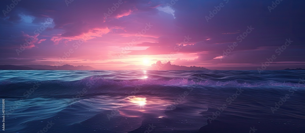 Leinwandbilder violet light reflects on sea waves creating a serene scene with a backdrop of the sea; ideal for a c