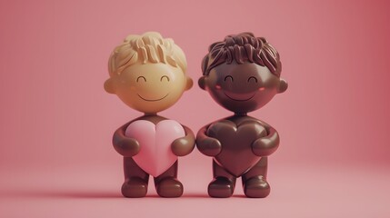 Cute clay figures holding hearts, symbolizing love and friendship, perfect for Valentine's Day or romantic occasions, isolated on a pink background.