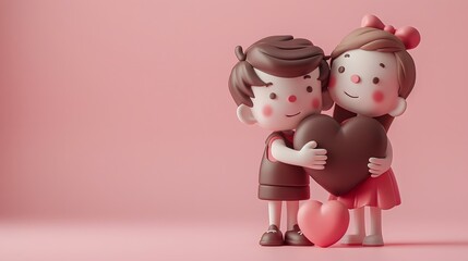 Cute clay figures of a boy and a girl holding a heart on a pink background, perfect for Valentine's Day and love-themed projects.