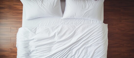 Top view flat lay of bedding sheets with ample copy space image.