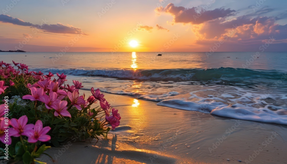 Poster Pink Flowers Bloom on a Sandy Beach at Sunset.