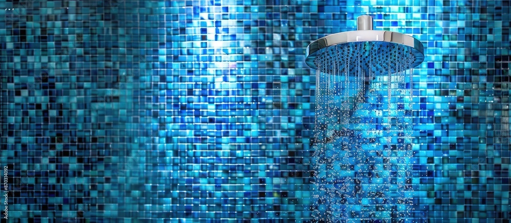 Aufkleber Shower head with flowing water stream in blue mosaic tile wall background. with copy space image. Place for adding text or design