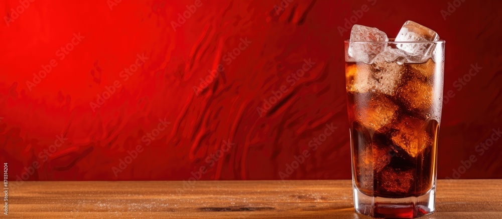 Poster brown carbonated drink, fresh cola with ice on a red background for a copy space image.