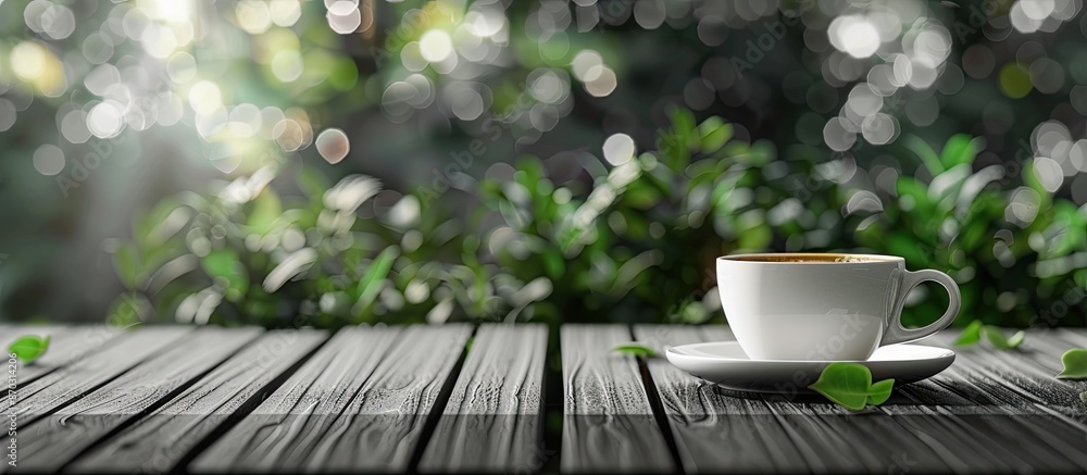 Poster coffee placed in a white cup with a black color palette on a wooden balcony, illustrating a relaxing