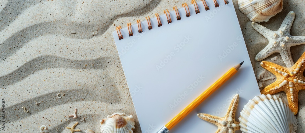 Poster Beach-themed notepad with a pencil, starfish, and shellfish on sandy seashore used as a background for photos with space for text or images. with copy space image. Place for adding text or design