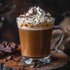 Freshly brewed coffee topped with whipped cream and chocolate shavings